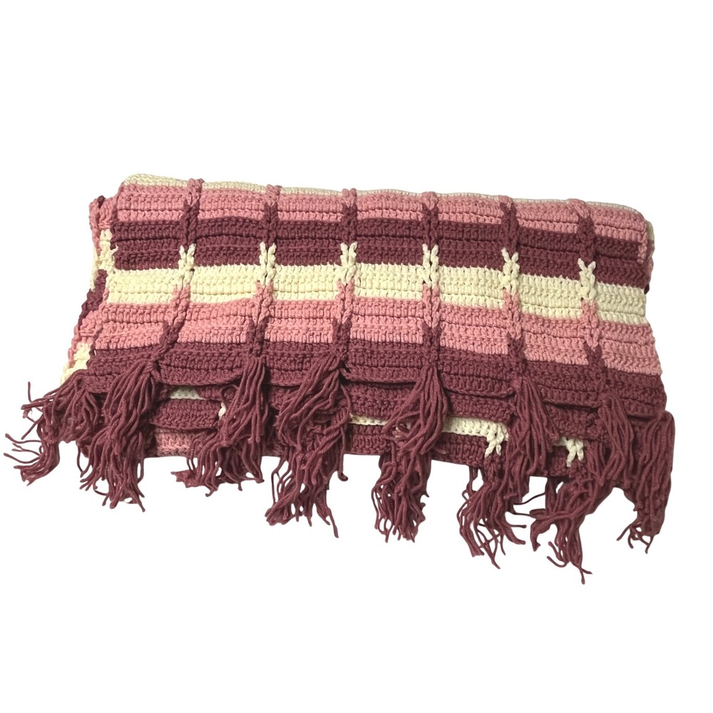 Handmade Crochet Blanket Throw 45"x45" Pink Cream Burgundy Striped Fringe Boho